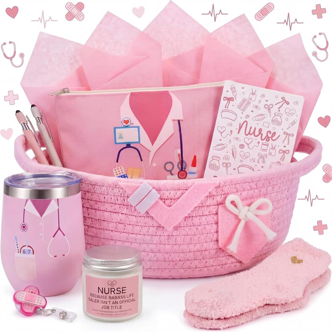 Patelai Nurse Graduation Gift Basket for Women 9 Pcs Nurses Graduation Gift Set with 12oz Tumbler Candle Makeup Bag Socks Badge Reel Pens Woven Basket & Greeting Card Nursing Grad Gifts(Pink)