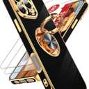 LeYi for iPhone 16 Pro Case: with 2 Pack Tempered Glass Screen Protector and 360 Rotatable Ring Holder Magnetic Kickstand, Plating Rose Gold Edge Protective for iPhone 16 Pro Case, Black