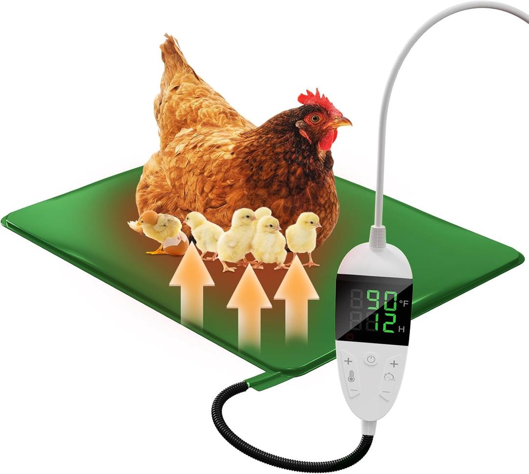 Chicken Heating Pad with Adjustable Digital Thermostat, Electric Chicken Heated Mat with Chew Resistant Cord, Waterproof Outdoor Chicken Coop Heater for Baby Chicks, Brooder Heater Warming Pad, Green