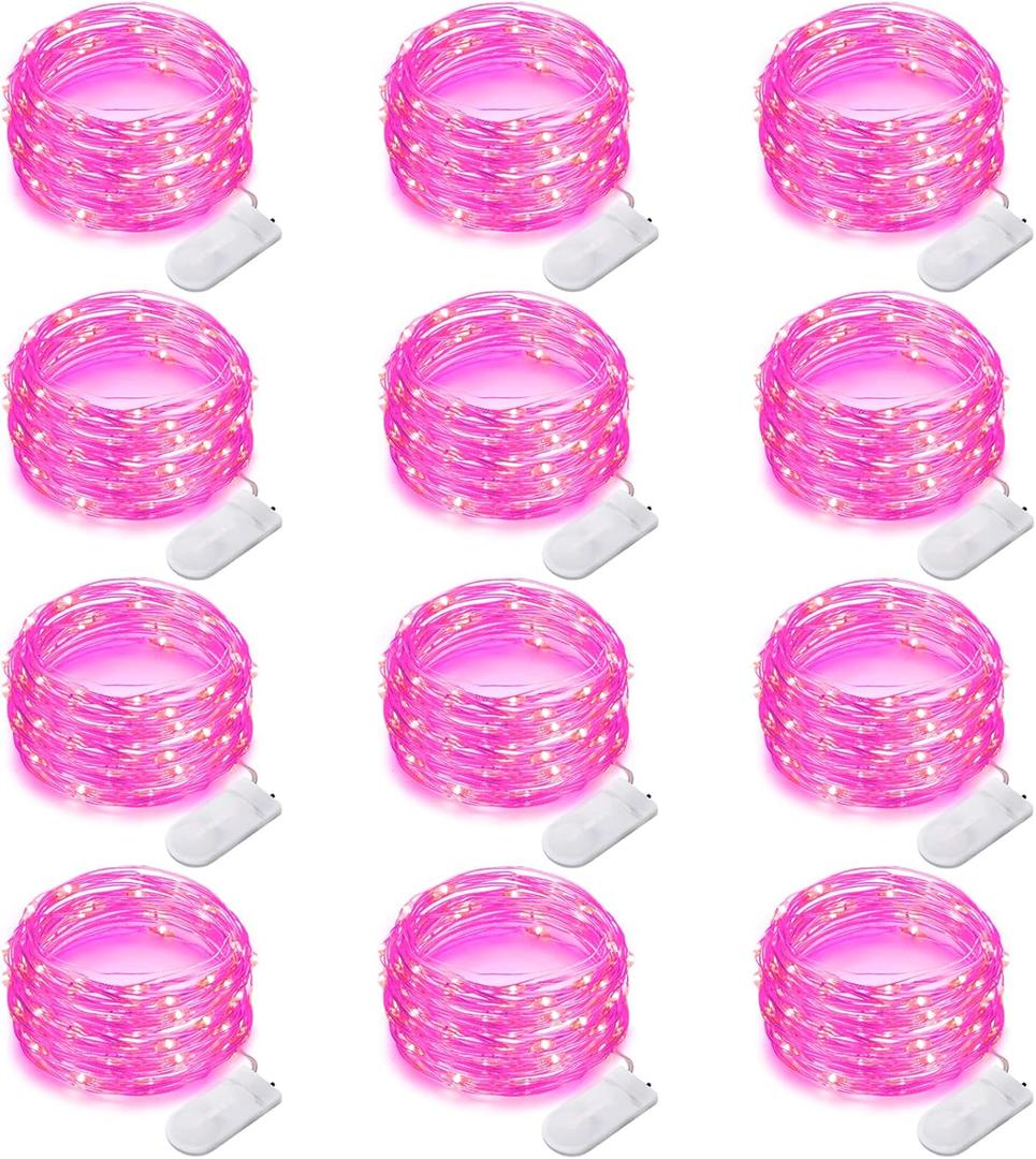 Yiaht 12 Pack Fairy Lights Battery Operated String Lights 7 Feet 20 Led Waterproof Christmas Lights Silver Wire Firefly Starry Moon Lights for Bedroom DIY Party Pink