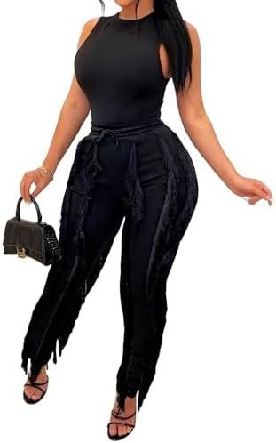 EDITCOZY Women Sexy Two Piece Outfits Fringe Pants Set Tassel Club 2 Piece Sets Going Out Birthday Party Night Size L