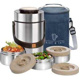 Pawovdeq 67 oz Adults Stainless Steel Vacuum Insulated Wide Mouth Soup Food Thermo Hot Food Jar with Keep Thermal Portable 3 Tier Stackable Bento Hot Food Containers Lunch Boxes (67 oz Silver)