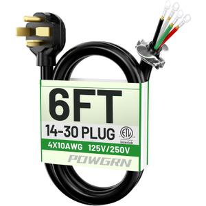 POWGRN 30 Amp 4 Prong Dryer Cord 6 FT Black, 10/4 Gauge Appliance Dryer Power Cord NEMA 14-30P to 4-Wire, Pure Copper Wire, ETL Listed