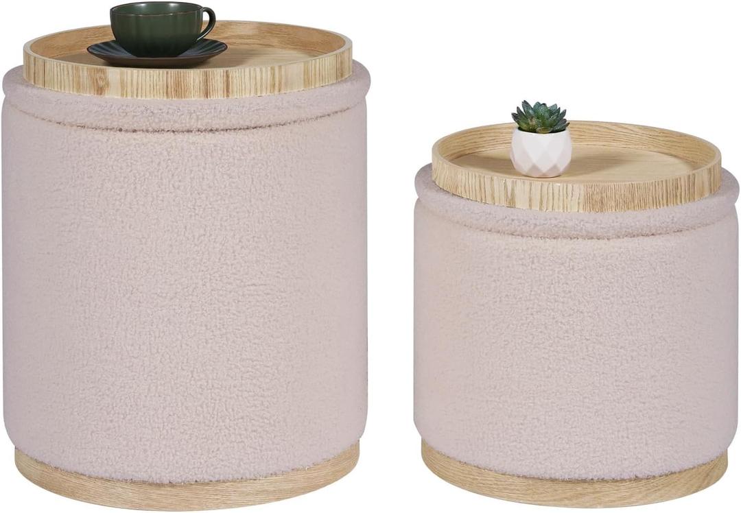 PINPLUS Round Ottoman with Storage Set of 2, Vanity Stool with Storage, Small Ottoman with Tray Teddy Velvet Foot Rest Stool for Bedroom, Living Room, Dorm (Beige), Small + Large