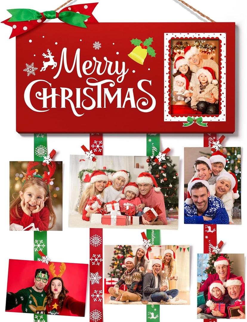 Christmas Card Holder Wall Hanging Christmas Card Display Merry Christmas Picture Frame Holiday Card with 30 Clips Holder Picture Board Photo Holder Farmhouse Christmas Kitchen Decor (Red)