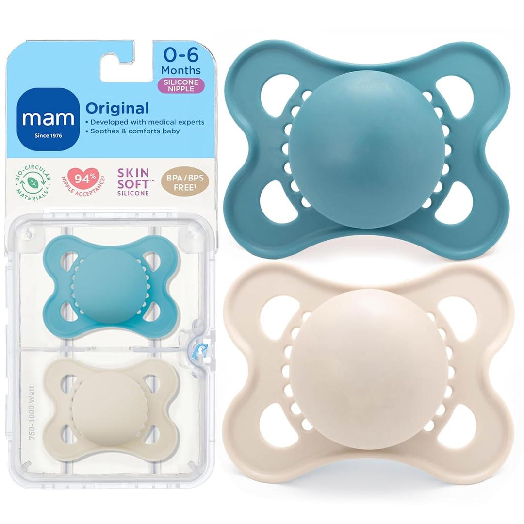 MAM Original Matte Baby Pacifiers 0-6 Months, Binky for Newborn Babies, BPA-Free Skin Soft Silicone Nipple, Easy to Clean, Developed with Medical Experts, 2 Count, With Sterilizer Case, Made in Europe (Blue Teal/Cotton)