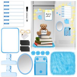 Blue Locker Accessories Kit Back to School Essentials Includes Shelf Magnetic Pen Holder Whiteboard Rug Cute Succulent Fridge Magnets and Organizing Supplies Locker Organizer Supplies