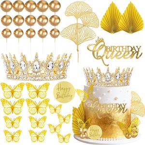 Knana 33Pcs Gold Crown Cake Topper Butterfly Cake Decorations with Gold Happy Birthday Cake Topper for Queen Princess Wedding Party Favors