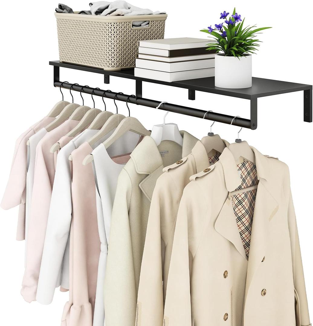 Audmore Wall Mounted Clothes Rack with Top Shelf, 41'' Industrial Clothing Rack Heavy Duty, Metal Shelf with Hanging Rod, Garment Rack Laundry Room Shelves, Space Saving