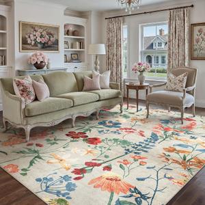 Beige Area Rug 6x9 Floral Washable Living Room Kitchen Boho Carpet Non Slip Low Pile Indoor Accent Lightweight Soft Throw Rug for Bedroom Office Dining Room Nursery Farmhouse