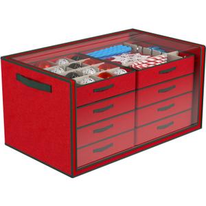 Dicasser Christmas Ornament Storage with 8 Tray Dividers-Adjustable for 128-3” 72-4” 32-6” Holiday Ornaments, Fit Many Sizes Ornaments (Body Red-Cover Clear)