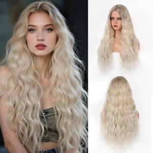 Ombre Ash Blonde Long Wavy Wig for Women 28 Inch Natural Wavy Middle Part Curly Wig Heat Resistant Fiber Synthetic Wig for Party Halloween Cosplay Dialy Use wig