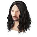 Men Wig Black Shoulder Length Curly Male Wig Middle Part Mens Black Wig Cosplay Halloween Party Wig