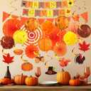 28 Pcs Thanksgiving Party Decoration Include Friends Giving Banner Autumn Paper Lanterns Pom Pom Hanging Fans Bunting Garland Swirl Streamers for Fall Harvest Birthday