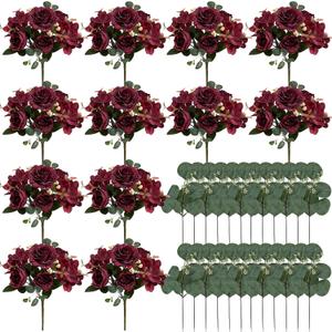 Peony Artificial Flowers, Faux Peonies Hydrangea Eucalyptus Bouquet 12 Packs Silk Vintage Realistic Peony Floral Arrangement for Vase Wedding Centerpiece Table Home Party Decor-Burgundy