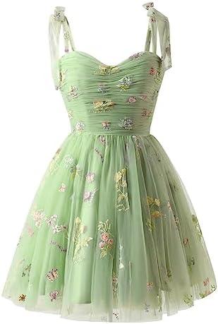 Women's Tie Strap Tulle Prom Dresses Sweetheart Flower Embroidery Dress Short Formal Party Mini Homecoming Dresses Medium