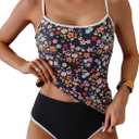 Eomenie Women's Tankini Swimsuits Two Piece Tummy Control Bathing Suit Color Block Slim Swimwear with High Waisted Bottom, Size S (Printed Black Pink)