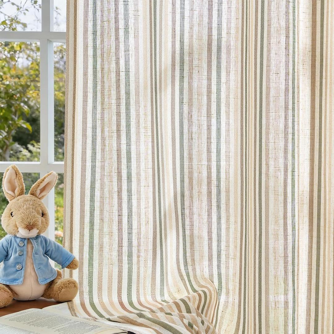 Vangao Linen Stripe Nursery Curtains for Kids Tickingstripe Light Filtering Window Curtains Colorful Pinstripe Printed Drapes 84 Inches Long for Living Room Boys Bedroom Colorful Green 2 Panels