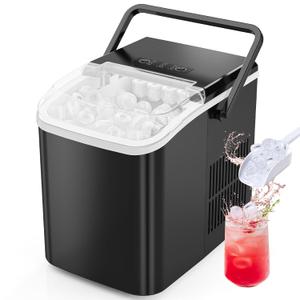 Sweetcrispy Countertop Ice Maker Machine, Portable Self-Cleaning Ice Machine with Ice Scoop, Basket and Handle, 9 Cubes in 6 Mins, 26.5lbs/24Hrs, 2 Sizes of Bullet Ice for Home Kitchen, Coal Black