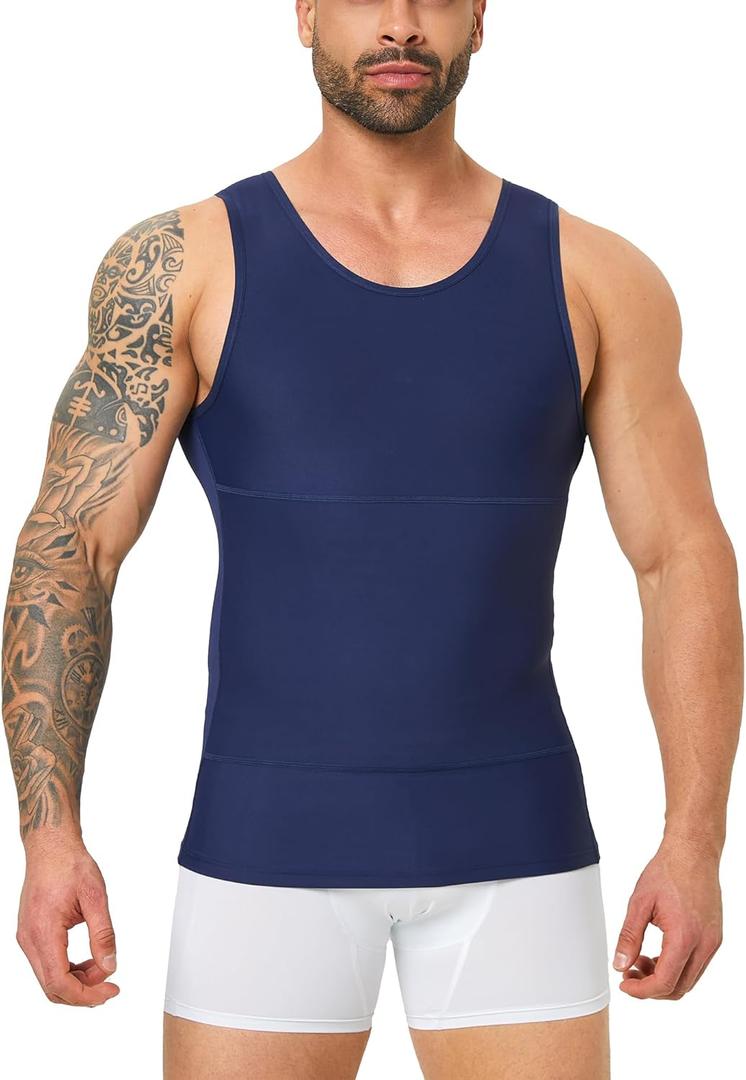 Mens Body Shaper, Compression Shapewear Vest Slimming Undershirt Tank Top, Tummy Control Chest, Hide Gynecomastia (Large, Blue)