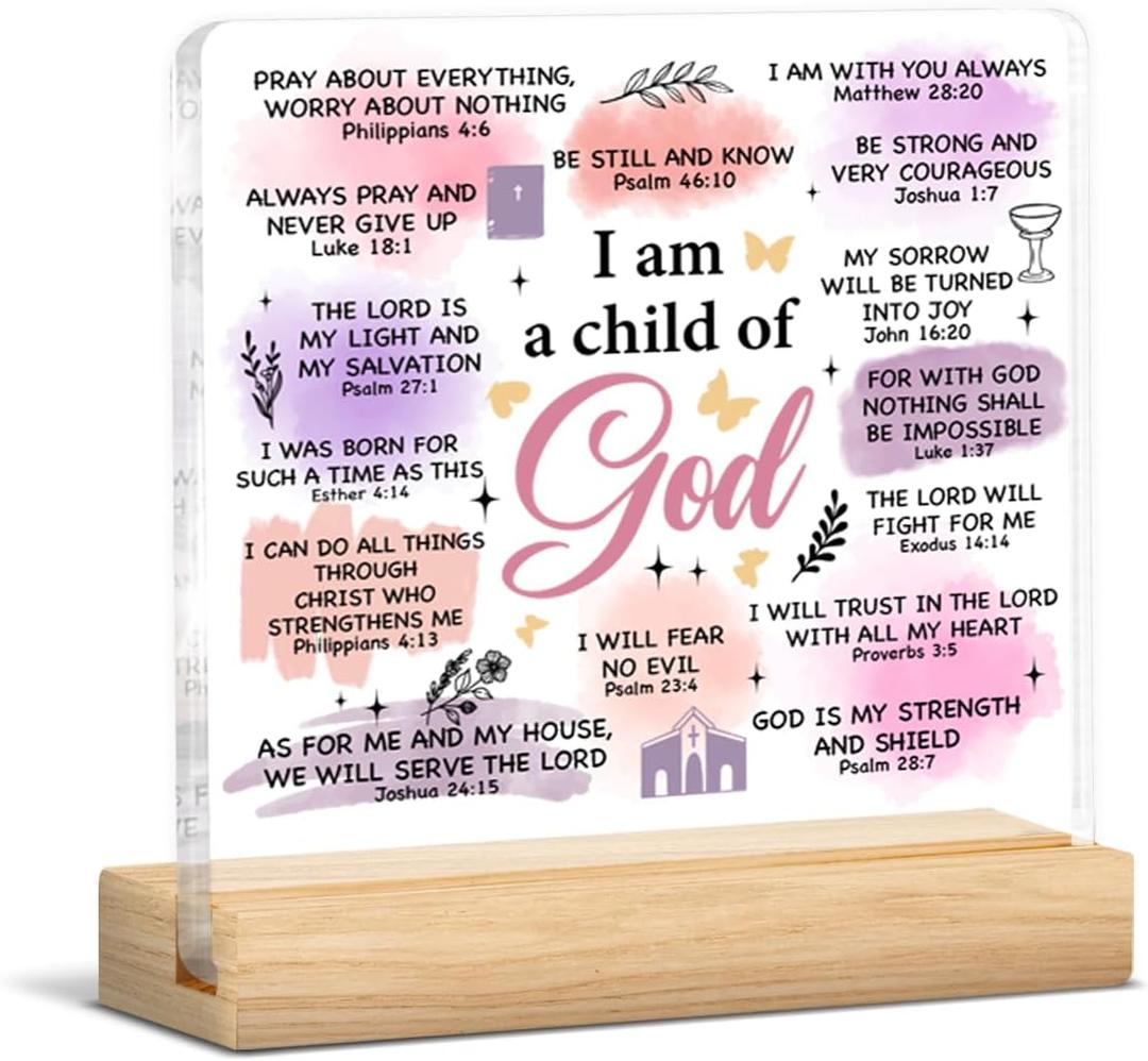 Christian Gifts for Women, Inspirational Religious Gifts for Sister Daughter Bestie, I Am a Child of God Acrylic Plaque Sign with Wooden Stand Baptism Decor