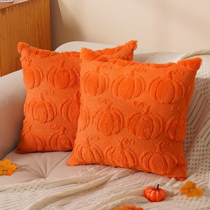 Rguct Fall Pillow Covers 16"x16" Set of 2 Orange Soft Faux Fur Pillow Covers Pumpkin Fall Pillows for Sofa Couch Bed, Fluffy Plush Accent Pillow Cases for Autumn Thanksgiving Farmhouse Home Décor