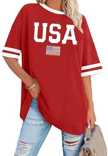 American Flag Shirts Women Oversized USA Shirt 4th of July T-Shirt Patriotic Tee Star Stripe Short Sleeve Tops, Red, M