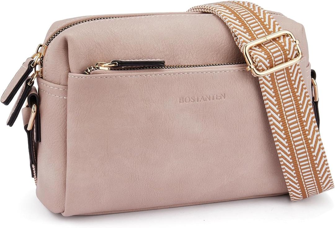 BOSTANTEN Small Crossbody Purse for Women Triple Zip Cell Phone Leather Handbag with Colored Shoulder Strap (Pink)