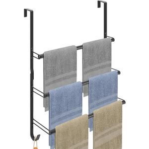 Livabber 3-Tier Over The Door Towel Rack, All Metal Towel Rack with Hooks for Door Hanging, Behind Door Towel Bar Towel Storage Holder for Bathroom Accessories, Black (19.37" L x 5.9" W x 24.4" H)