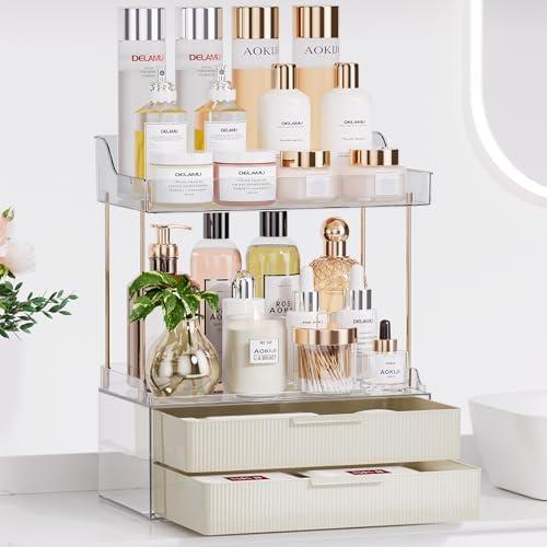 TidyStash Bathroom Counter Organizer, 2-Tier 2-Drawer Makeup Organizer Countertop, Easy to Install, Ideal for Bathroom Storage, Vanity, Perfume, Large Skincare, Present, and More, CreamWhite