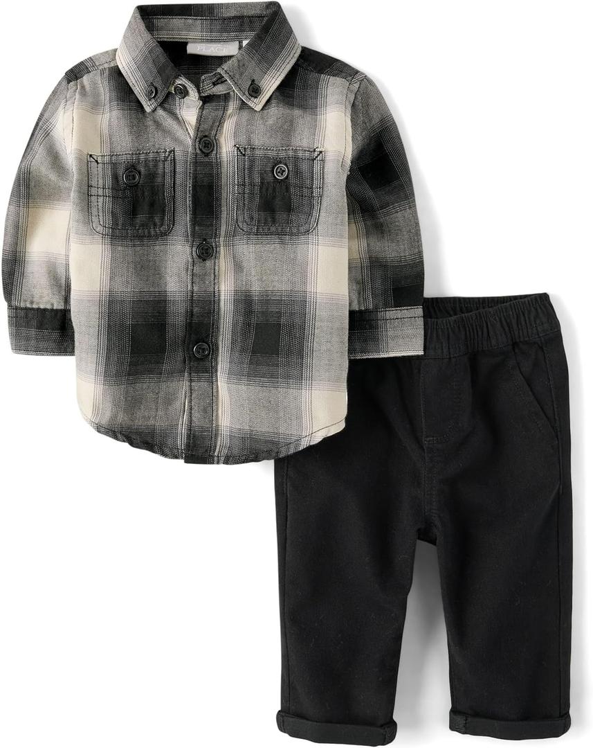 The Children's Place, Baby Boys, And Newborn Long Sleeve Dress Shirt and Pants 2-piece Set, Black Plaid Set, 12-18 Months