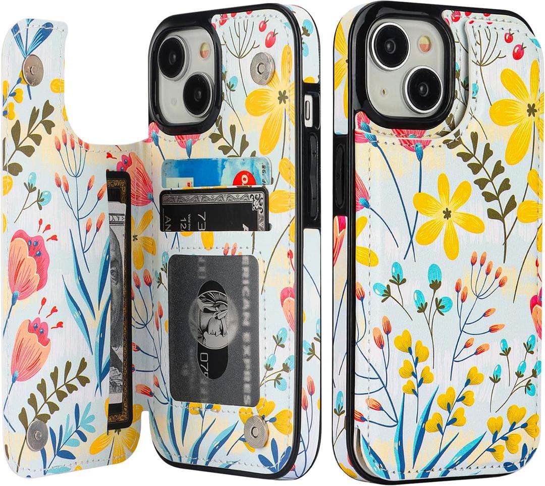 HAOPINSH for iPhone 15 Wallet Case with Card Holder, Floral Flower Pattern Back Flip Folio PU Leather Kickstand Card Slots Case for Women Girls, Double Magnetic Clasp Shockproof Cover 6.1"