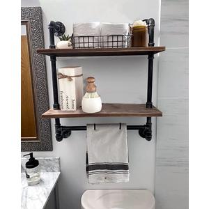 DR.IRON Industrial Bathroom Shelf Rustic Pipe Wall Shelves with Towel Bar,24" Towel Shelfs for Bathroom,Framhouse Floating Shelving Unit Storage (2-Tier Shelves)