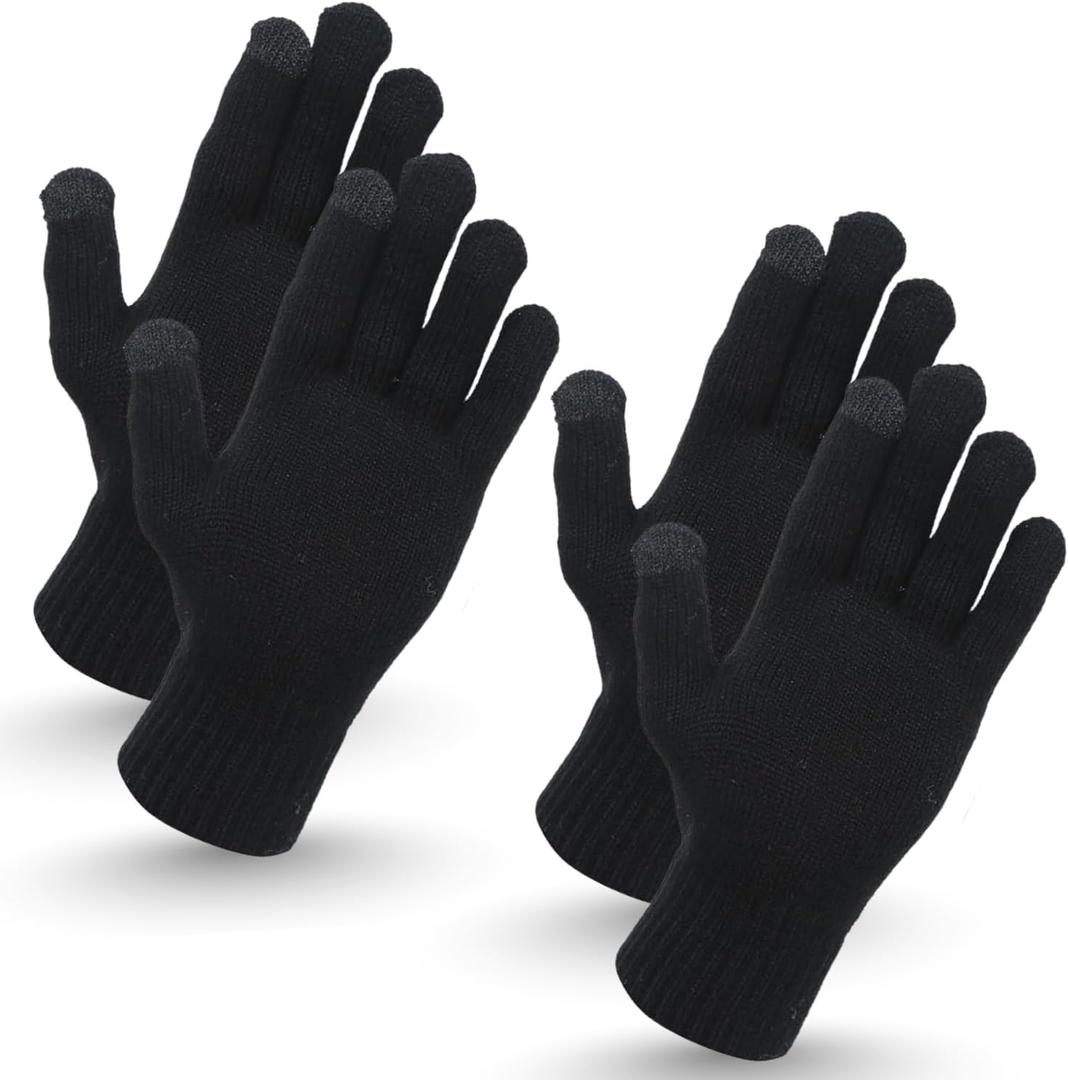 Heat Logic Unisex Thermal Knitted Winter Gloves, Touchscreen Compatible Cold Weather Warm Gloves for Men & Women, Pack of 2 (Black)