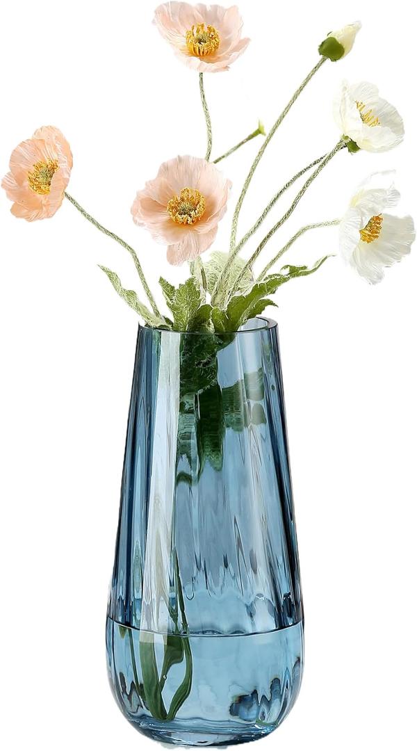 Modern Large Glass Vase H-9.8" Blue Vases for Flowers, Centerpieces and Decorative Accents - Tall Plant Vase for Office Home Table Decor
