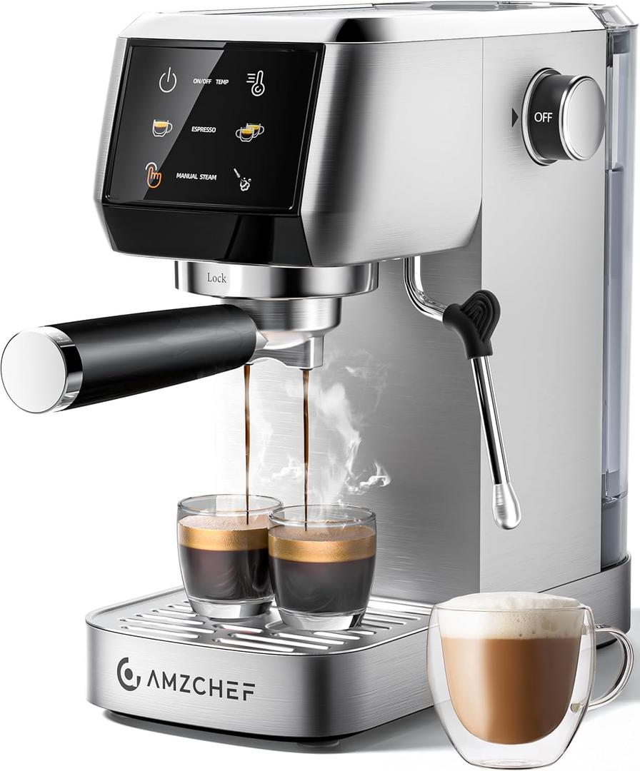 AMZCHEF 51mm Coffee Espresso Machine 20 Bar  Professional Coffee Maker with Milk Frother, Compact Stainless Steel Espresso Maker for Cappuccino, Latte, Mocha, 44oz Water Tank (Silver Black)
