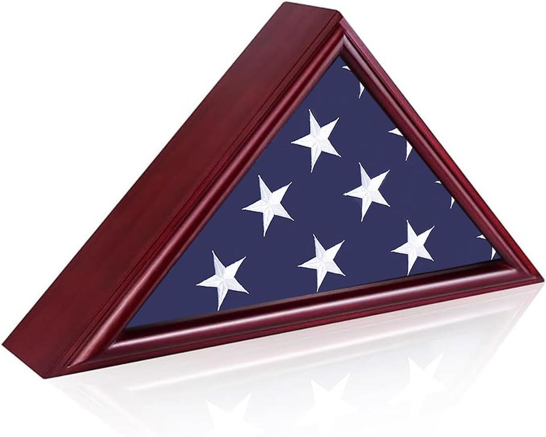Creations 5' x 9.5' American Veteran Burial Flag Display Case Solid Wood Rustic Brown Frame Glass Front Wall Mount or Standing, Memorial Shadow Box Military Uniform Display