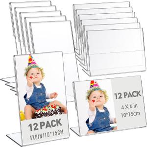 Yulejo 24 Pieces Acrylic Frame Stands Sign Holder, Clear Flyer Picture Display Stand Slanted Back Acrylic Sign Holder for Home Office Table Desktop, Vertical and Horizontal,4 x 6 Inches