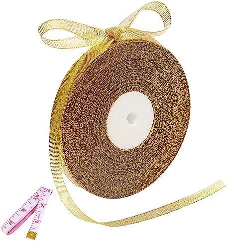 50 Yards Gold Glitter Ribbon 3/8 Inch, Sparkly Thin Solid Fabric Ribbon for Gift Wrapping, Crafts, Holiday Wedding Birthday Party Decoration Floral Bouquet, Metallic Gold Ribbon Roll