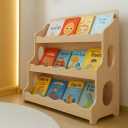 Kids Bookshelf Wooden Montessori Book Shelf Dutch Design 3Tier Scalloped,NaturalMapleWood GrainPattern, Width31", Height33", Depth8"