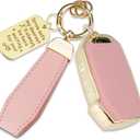 Soft TPU & Leather Key Fob Cover Compatible with Kia Sportage Stinger Telluride Carnival Cadenza Forte K5 Niro Rio Seltos Soul, with Keychain & Metal Blessing Tag (5 Button Pink)