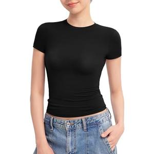 PUMIEY Women's Crew Neck Short Sleeve Tops Double Lined Slim Fit T Shirts Basic Tee Smoke Cloud Pro Collection, L, Black