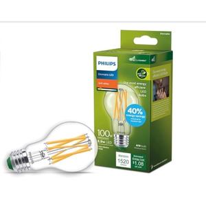 PHILIPS LED 100W A19 1-Pack Ultra Efficient Soft White (2700K) 1520 Lumen (8.9W = 100W) Dimmable Clear Flicker-Free Light Bulbs