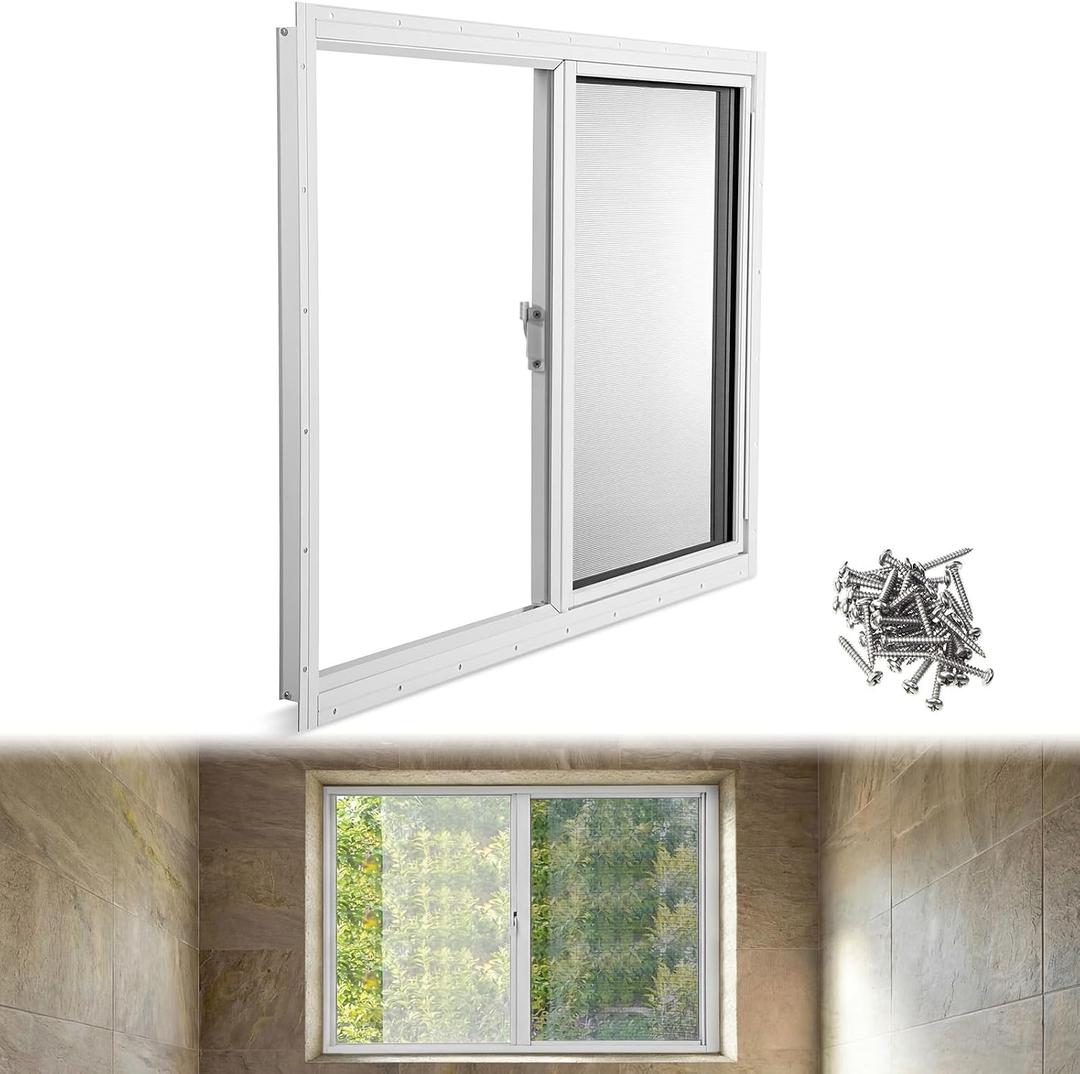 Kathfly 1 Pack Basement Home Window 36'' x 24'' Mini Basement Windows Replacement with Glass Screen and Screws for Home Sheds Barns (White)