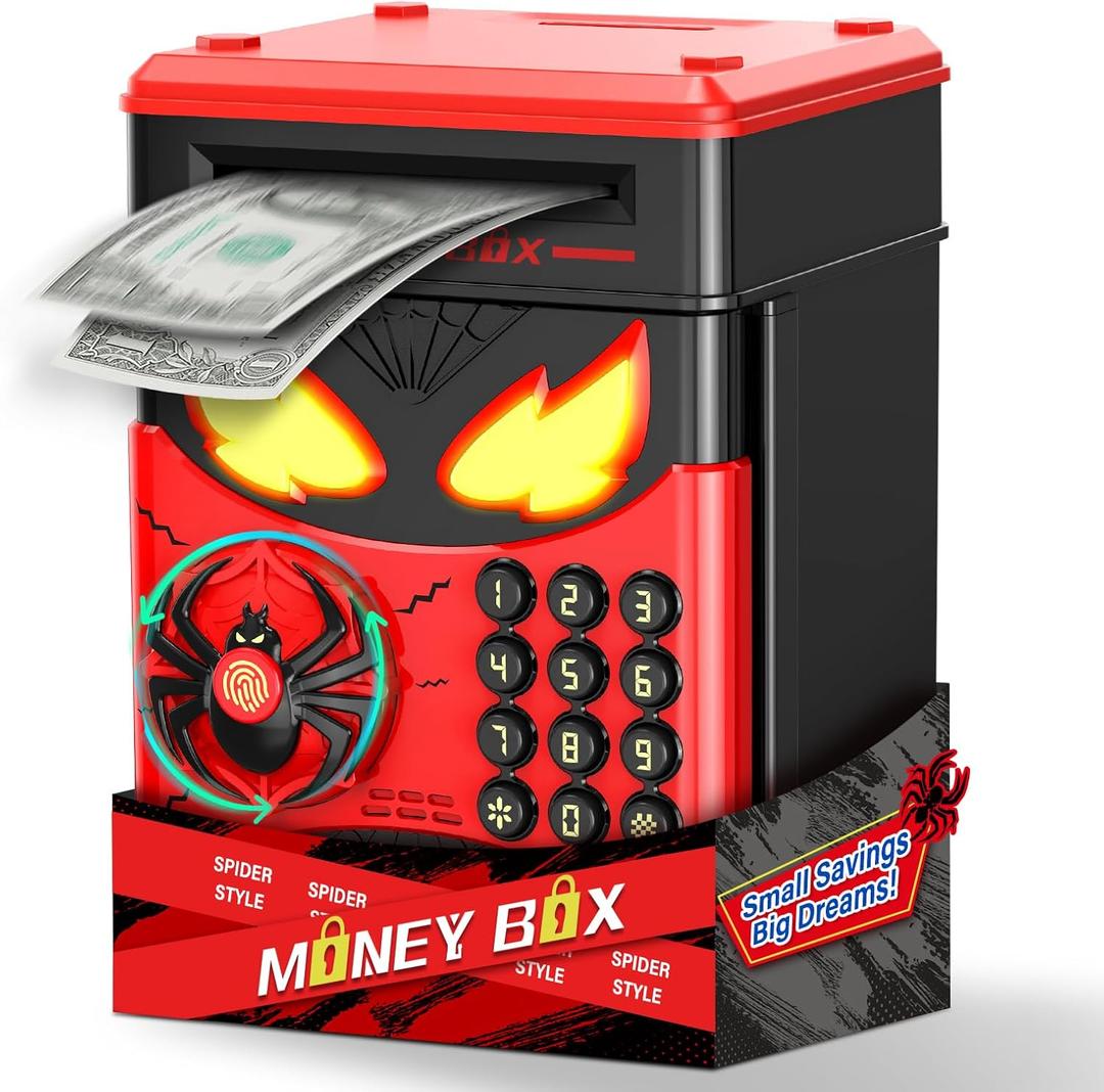 Wrystte Spider Piggy Bank for Kids,Electronic Money Box with Fingerprint,Mini ATM Safe Money Saving Box,Kids Toys for Age 4 5 6 7 8,Christmas Birthday Gifts for 9 10 11 12 Year Old Boys Girls(Black)