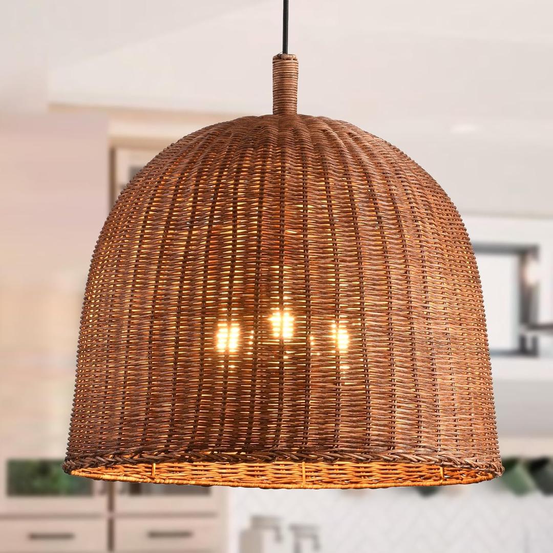 HUEHENGHAO Dark Brown Rattan Pendant Light, 3-Light Large Woven Pendant Hanging Light Natural Basket Chandelier Farmhouse Bamboo Pendant Lighting for Dining Living Bedroom Kitchen Famhouse (3-light 17.72 inch)