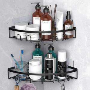 Corner Shower Caddy, 2 Pack Adhesive Bathroom Shower Corner Organizer Shelf, No Drilling Rustproof Wall Mounted Shower Storage Rack Shampoo Holder Organizer (Black)