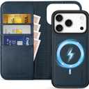 SHIELDON Genuine Leather Detachable Wallet Case for iPhone 17 Pro 6.3", RFID Blocking Credit Card Slot, Flip Magnetic Closure, Wireless Charging, Removable Shock Absorbing Cover - Dark Blue