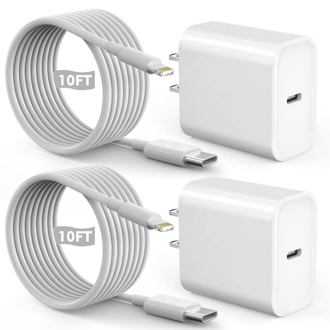 Fast iPhone Charger, Quick 10Foot USBC Wall Charger Phone Charge 2Pack 20W PD USB C Fast Charger Block + 10FT Lightning Fast Charging Cable for iPhone 14/Pro/Pro Max/Plus/13/12/11/XS/XR/X/SE2022/iPad (White)