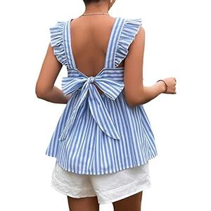 Floerns Women's Striped Print Boat Neck Tie Back Sleeveless Maternity Peplum Blouse Tops, XL, Blue and White